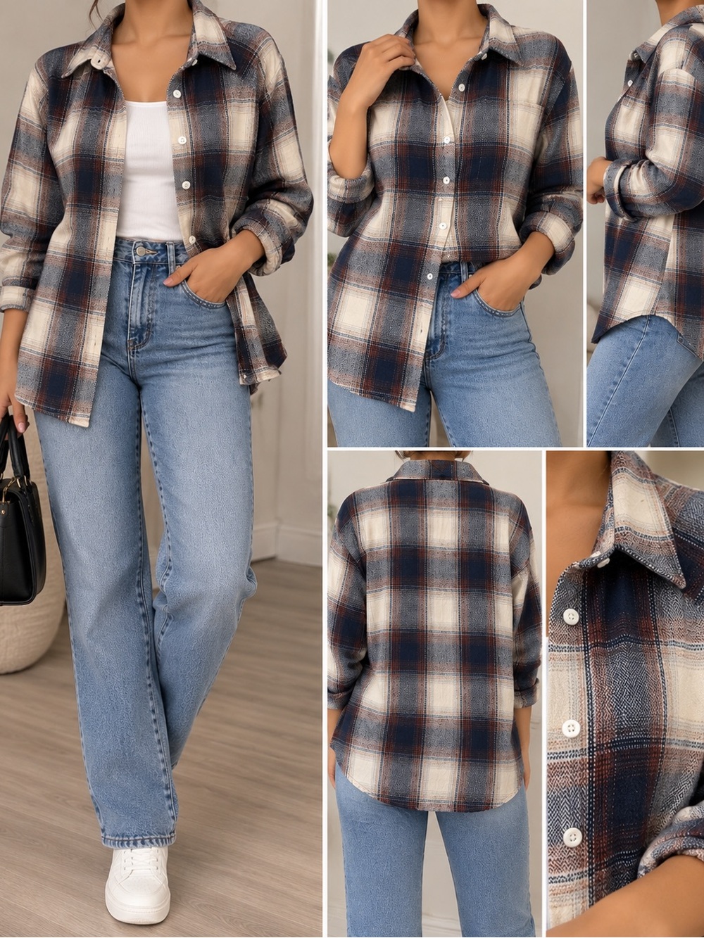 Classic Plaid Button-Down Shirt - Navy & Cream